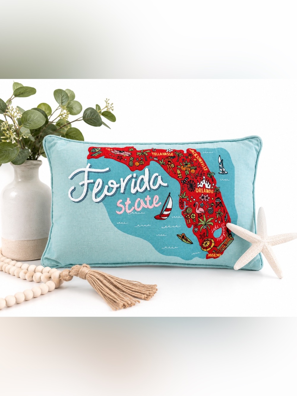 Florida State Fran Faux LinenLumbar Embroidered Pillow, 12” x 20”